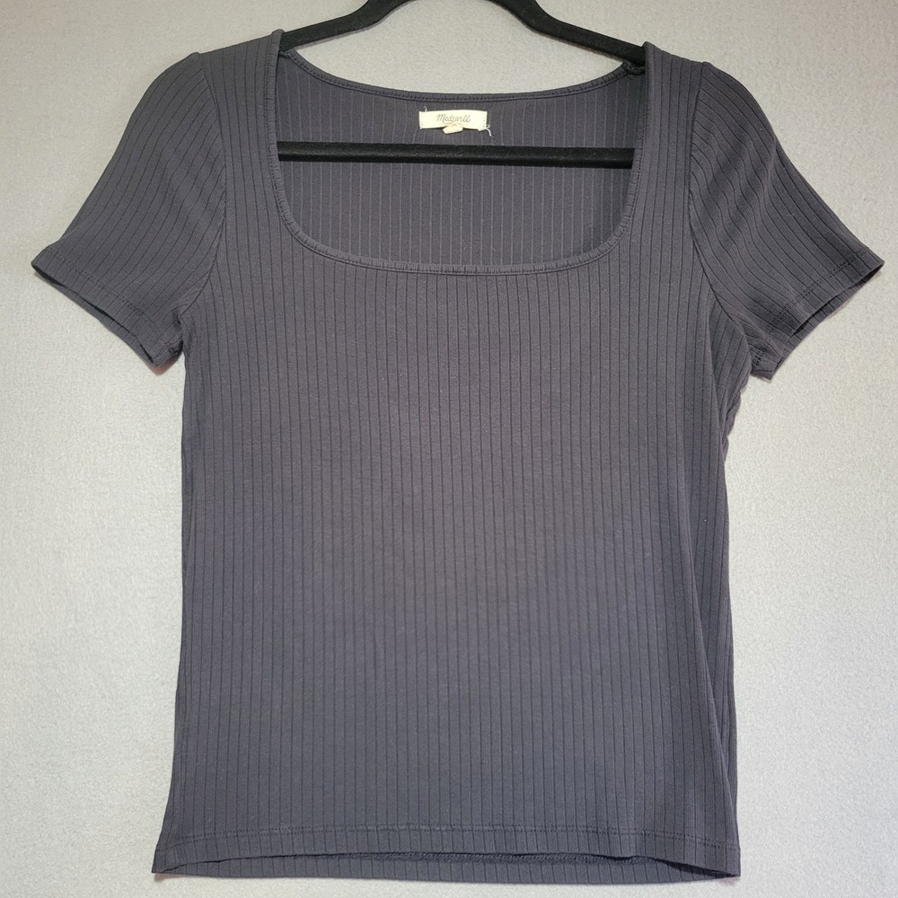 Madewell Womens Small Ribbed Square Neck Short Sleeve T-Shirt Charcoal Gray‎